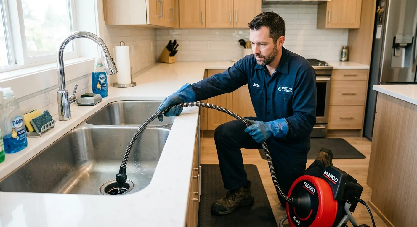 Drain cleaning technician using a motorized snake on a kitchen sink in Manchester