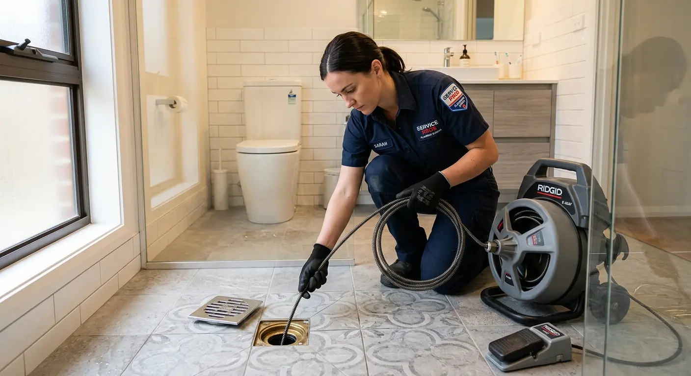 Technician clearing a bathroom floor drain for Clogged Drain Repair in Manchester